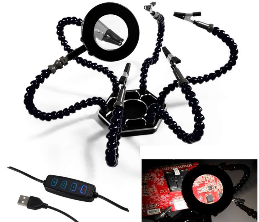 Halter_Loethilfe_mit_LED-Lupe_44-789-00160_B1 Löthilfe 3te Hand mit 6 flexiblen Armen LED Lupe schwerem ALU-Fuss Kroko Klemmen