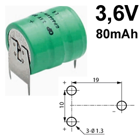 3,6V Akku NiMH 80mAh mit 3 Lötpins