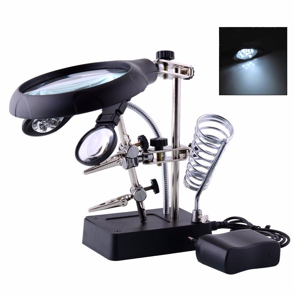 44-789-00140-Halter-Loethilfe-mit-LED-Lupe-B2xYQKJxUJ71juS Löthilfe 3te Hand mit LED Lupe und Lötkolben Halter mit Kroko Klemmen