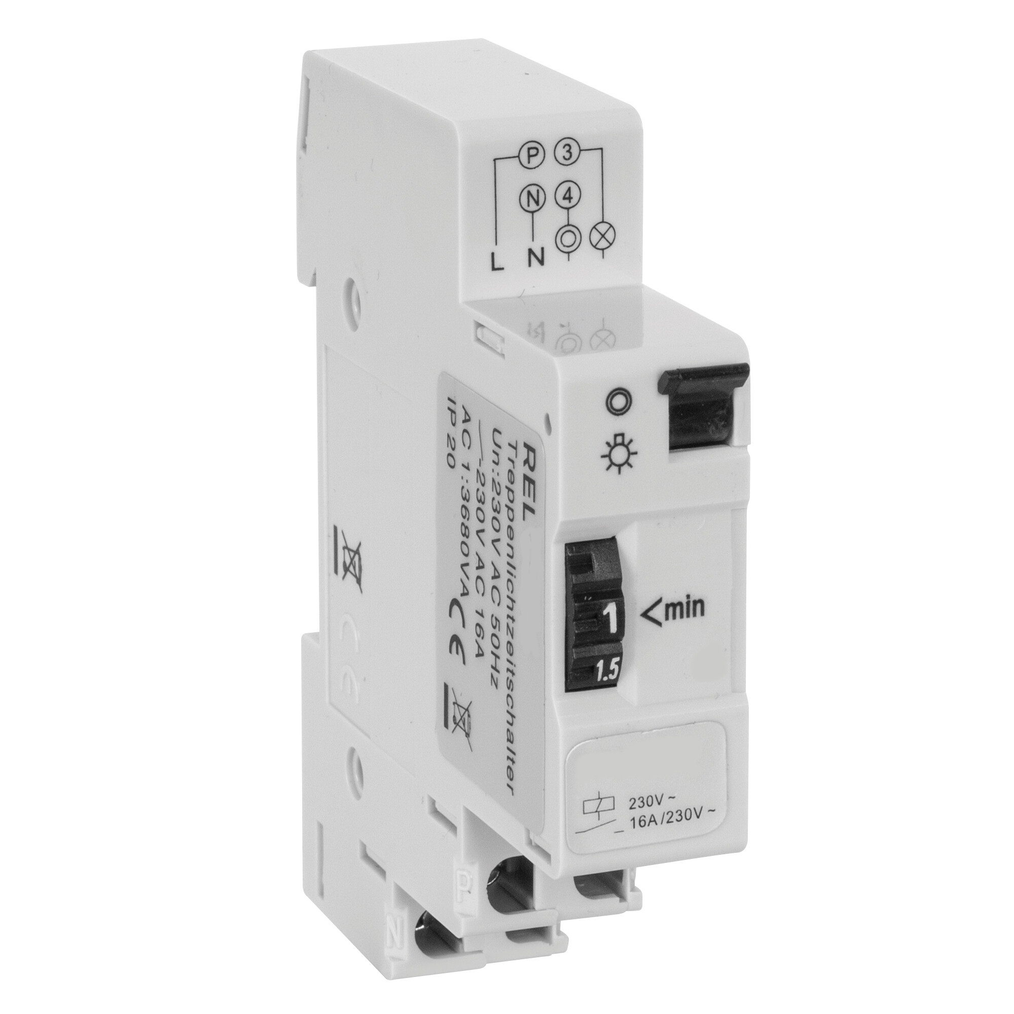 Treppen Lichtautomat 230V 1-7min fürs Treppenhaus mit Schalter für Dauerlicht auf Frontseite