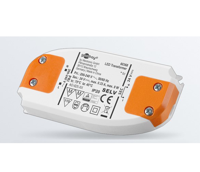 24V LED Trafo 230V bis 8Watt LED Konverter SELV MM-Zeichen flache Bauform nur 19mm Höhe