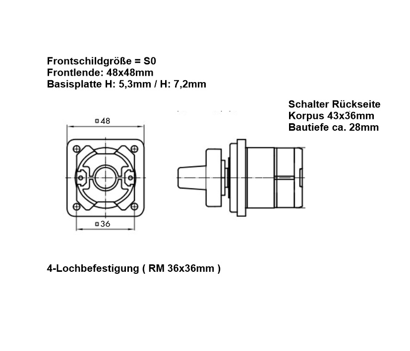 Nockenschalter 1-0-2 Hauptschalter bis 20A Zentraleinbau 48x48mm mit Knebel und Frontblende