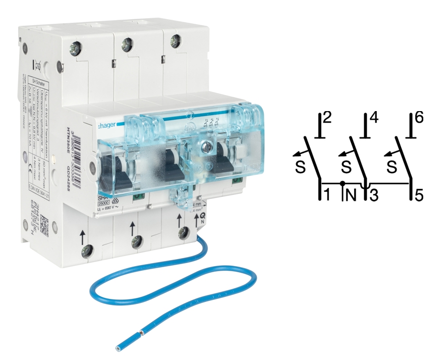 SLS Schalter 35A 400VAC Hager HTN335E 3-pol Hauptleitungsschutzschalter für Montage auf Hutschiene