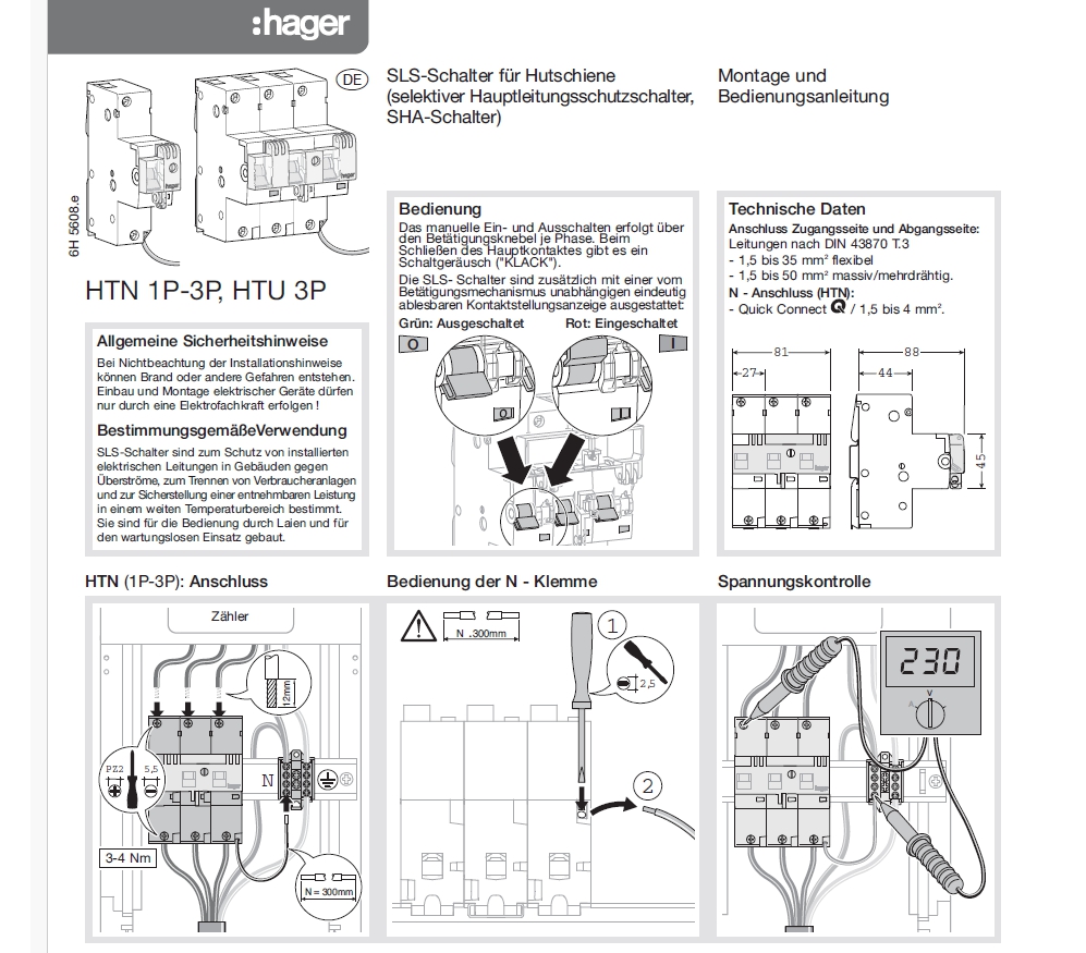 SLS Schalter 35A 400VAC Hager HTN335E 3-pol Hauptleitungsschutzschalter für Montage auf Hutschiene