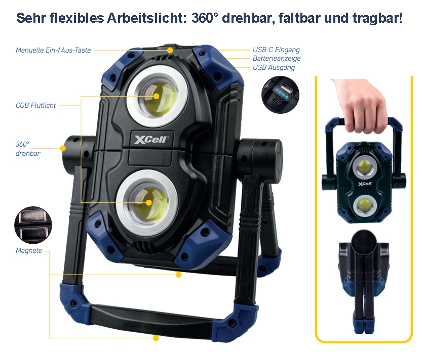 XCELL_TWIN_Arbeitsleuchte_360grad_32-700-00455_B01 Arbeitsleuchte 2x5W TWIN COB 1100-Lumen mit USB Powerbank