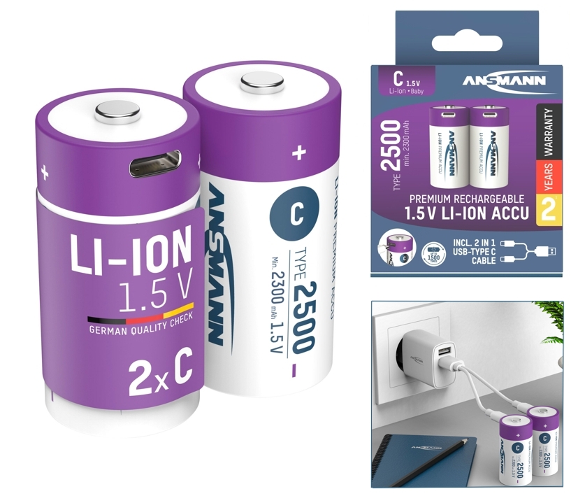 Lithiumakku 1,5Volt Baby C-Zelle je 2500mAh inkl USB-C Ladekabel - 2er-Pack