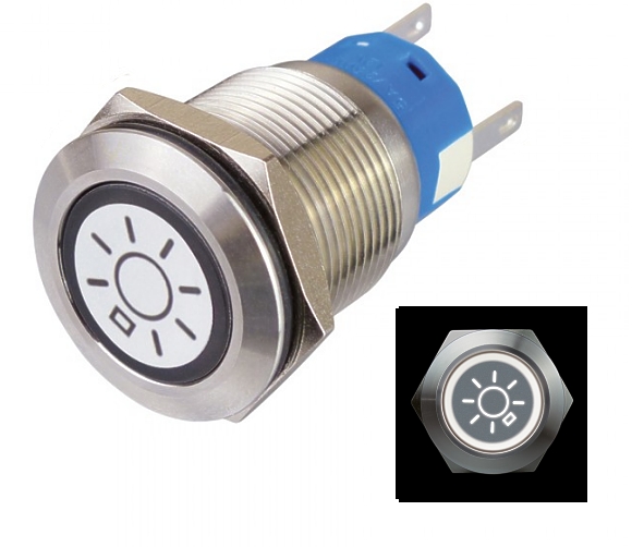 Taster_mit_Lichtsymbol-95-839-03410-B1 22mm Taster Vollmetall mit LICHT Symbol und 12V LED Beleuchtung IK9 Vandalensicher